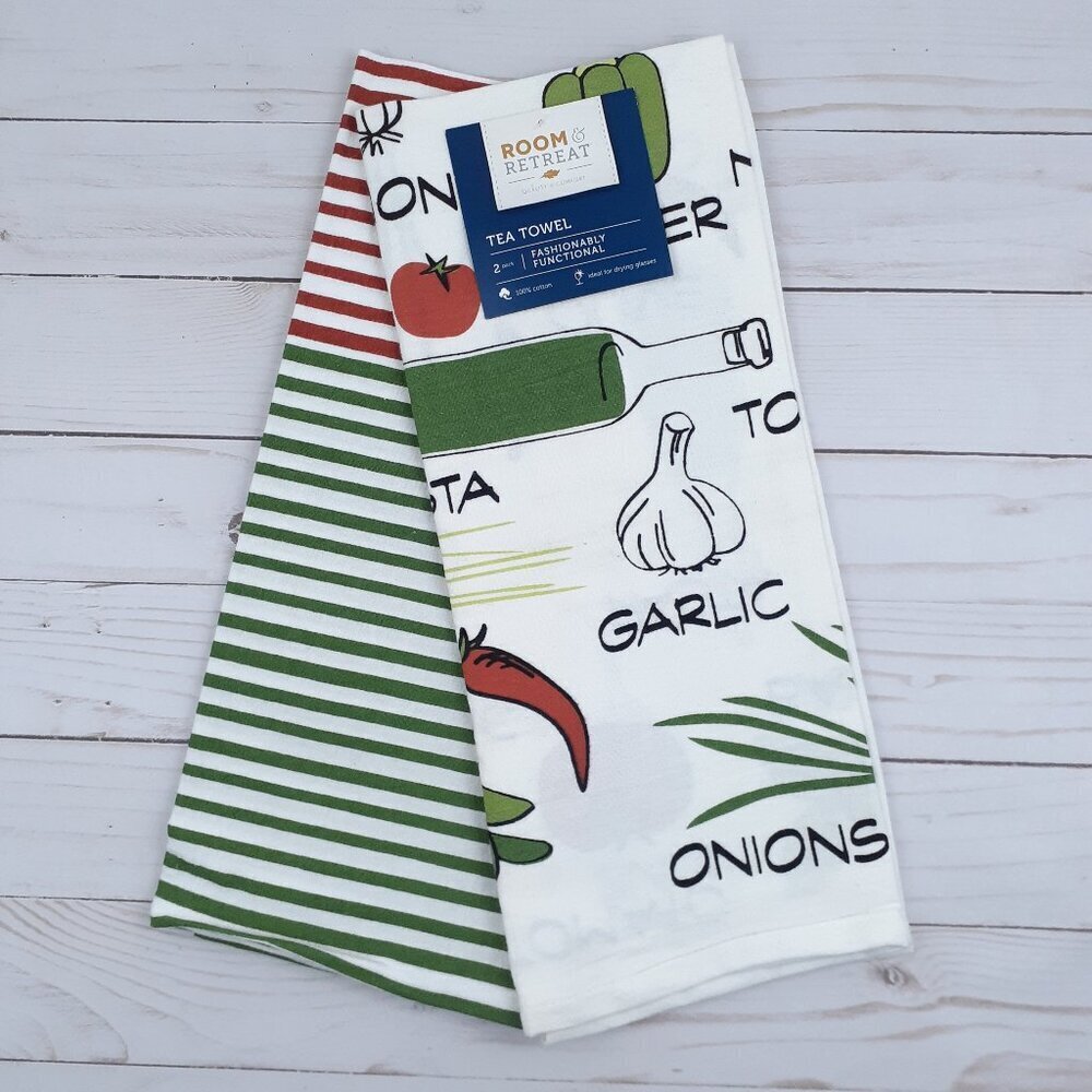 Kitchen Tea Towels Italian Stripe Set of 2 Green Red